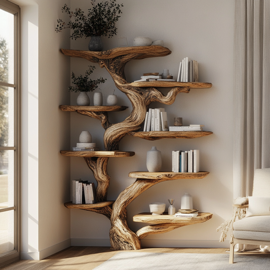 Rustic Wood Tree Shaped Wall Bookshelf
