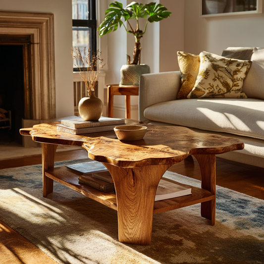 Live Edge Solid Wood Coffee Table With Shelf