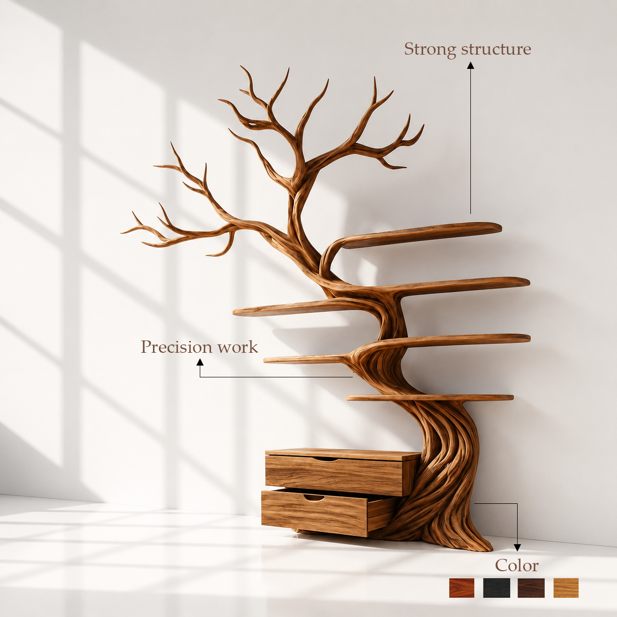 Solid Wood Tree Bookshelf With Drawers