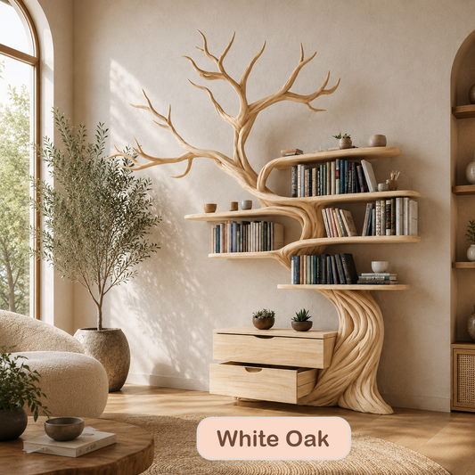 Solid Wood Tree Bookshelf With Drawers