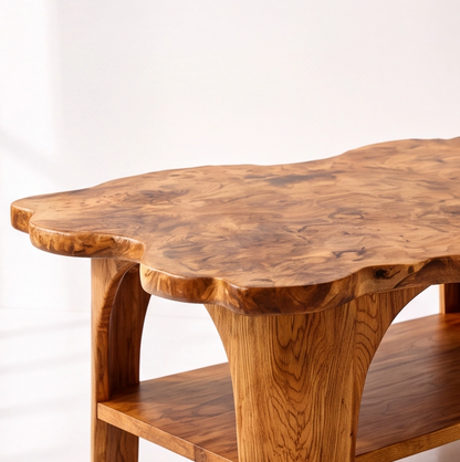Live Edge Solid Wood Coffee Table With Shelf