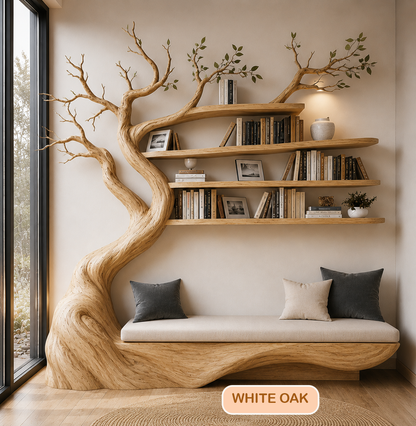 Solid Wood Tree Bookshelf With Bench