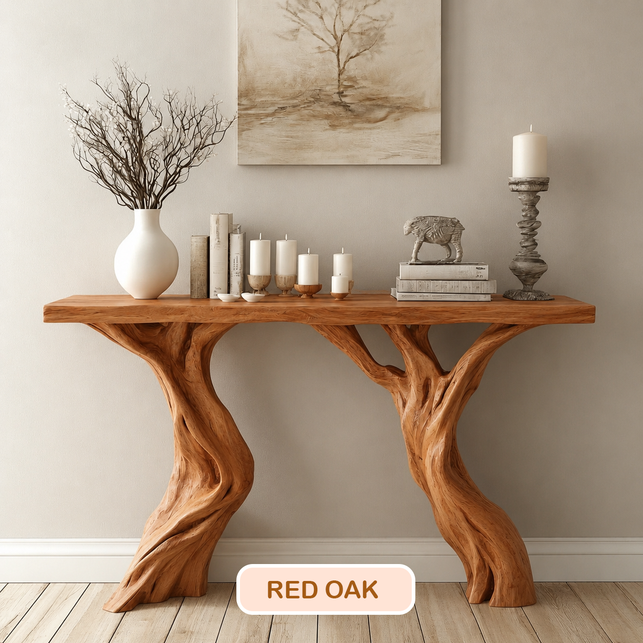 Rustic Solid Wood Tree Base Console Table