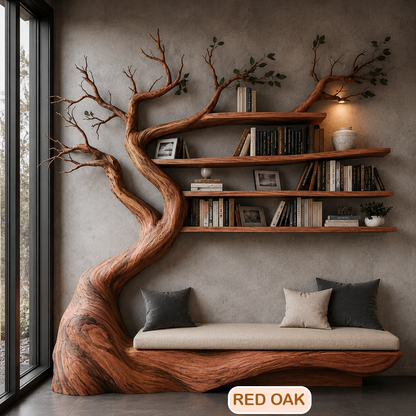 Solid Wood Tree Bookshelf With Bench
