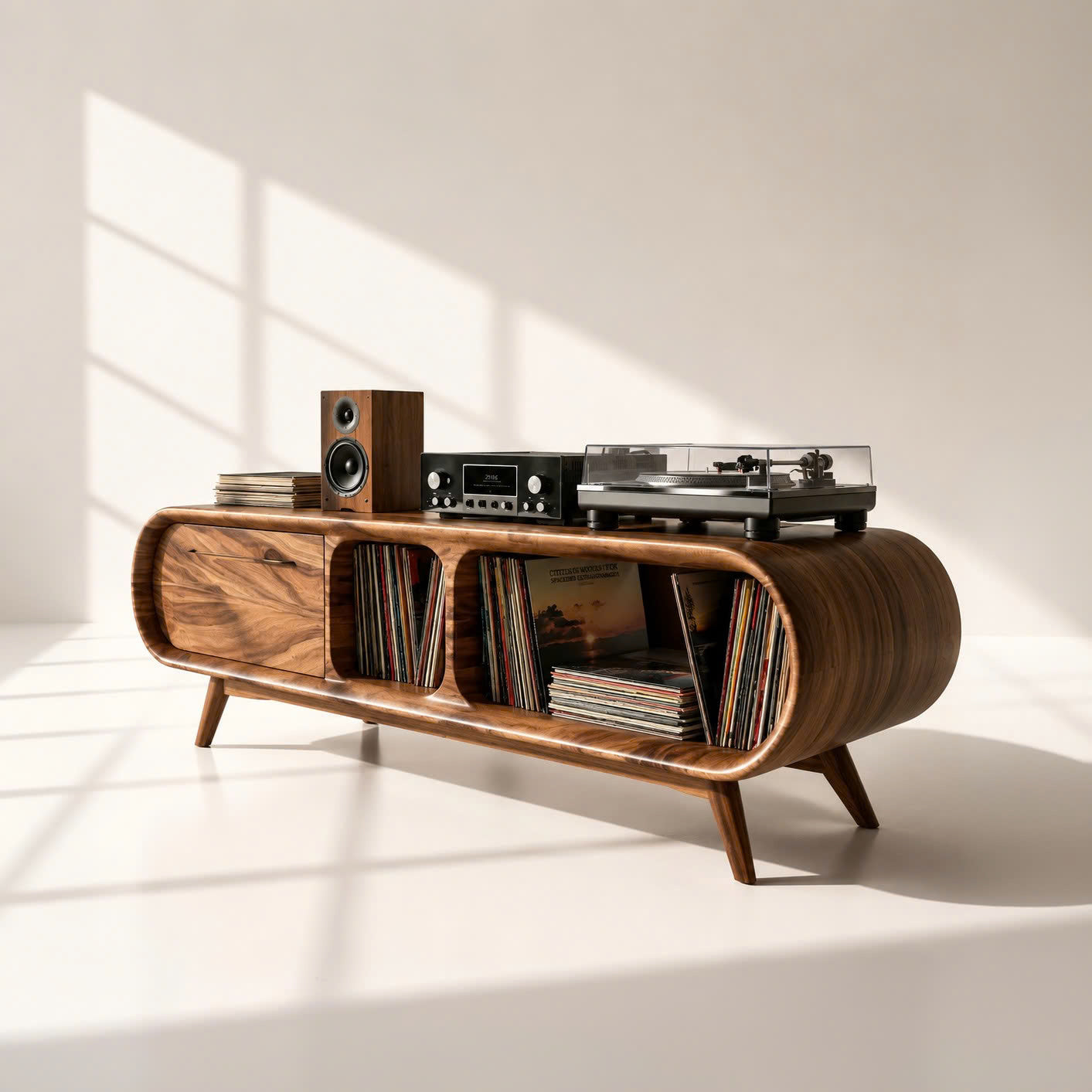 Mid-Century Solid Wood Record Player Stand