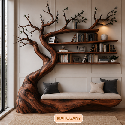 Solid Wood Tree Bookshelf With Bench