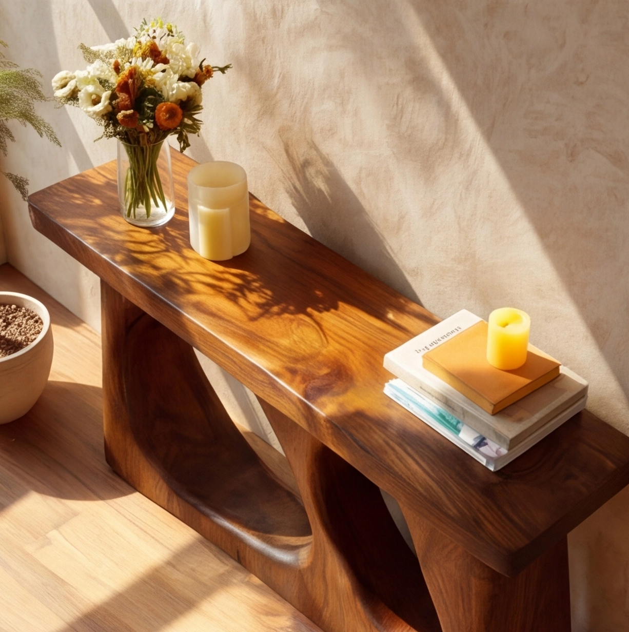 Modern Solid Wood Sculptural Console Table