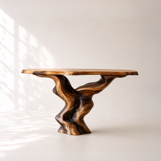 Earthy Modern Sculptural Wood Console Table