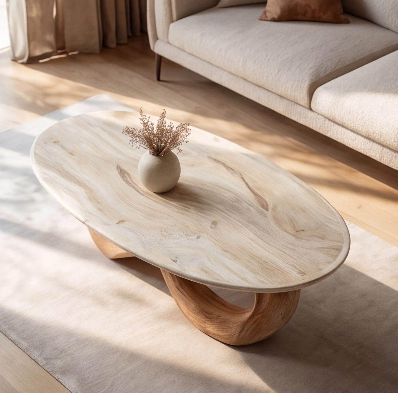 Japandi Solid Wood Oval Coffee Table