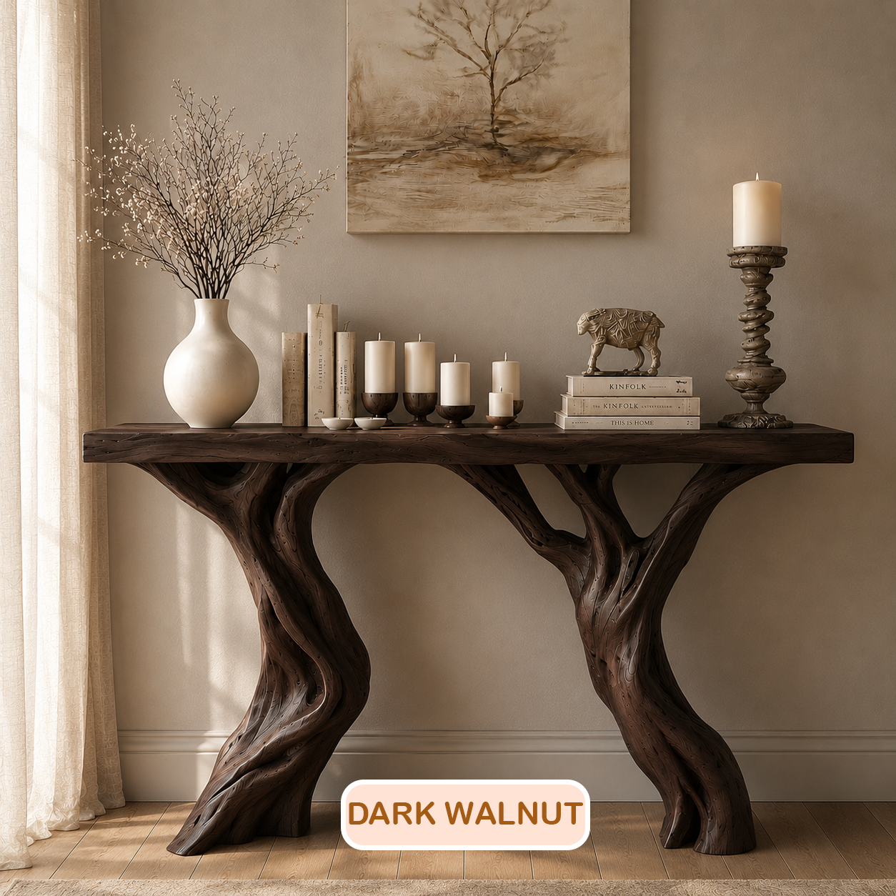Rustic Solid Wood Tree Base Console Table