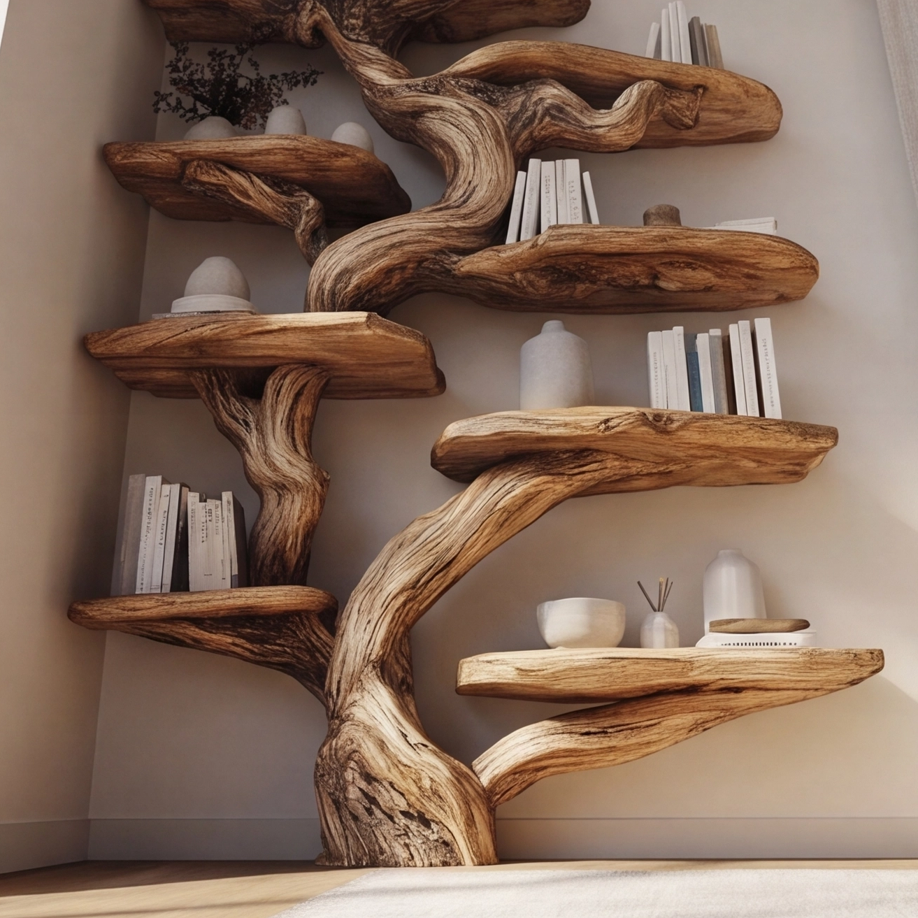 Rustic Wood Tree Shaped Wall Bookshelf