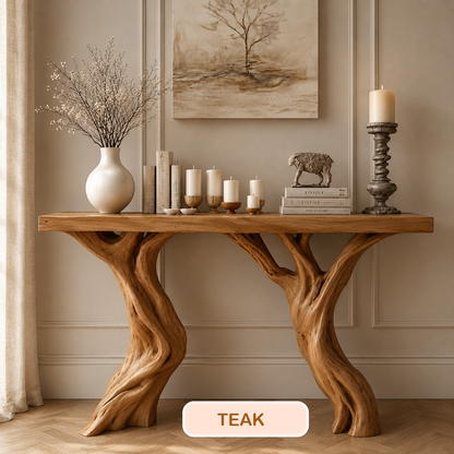 Rustic Solid Wood Tree Base Console Table