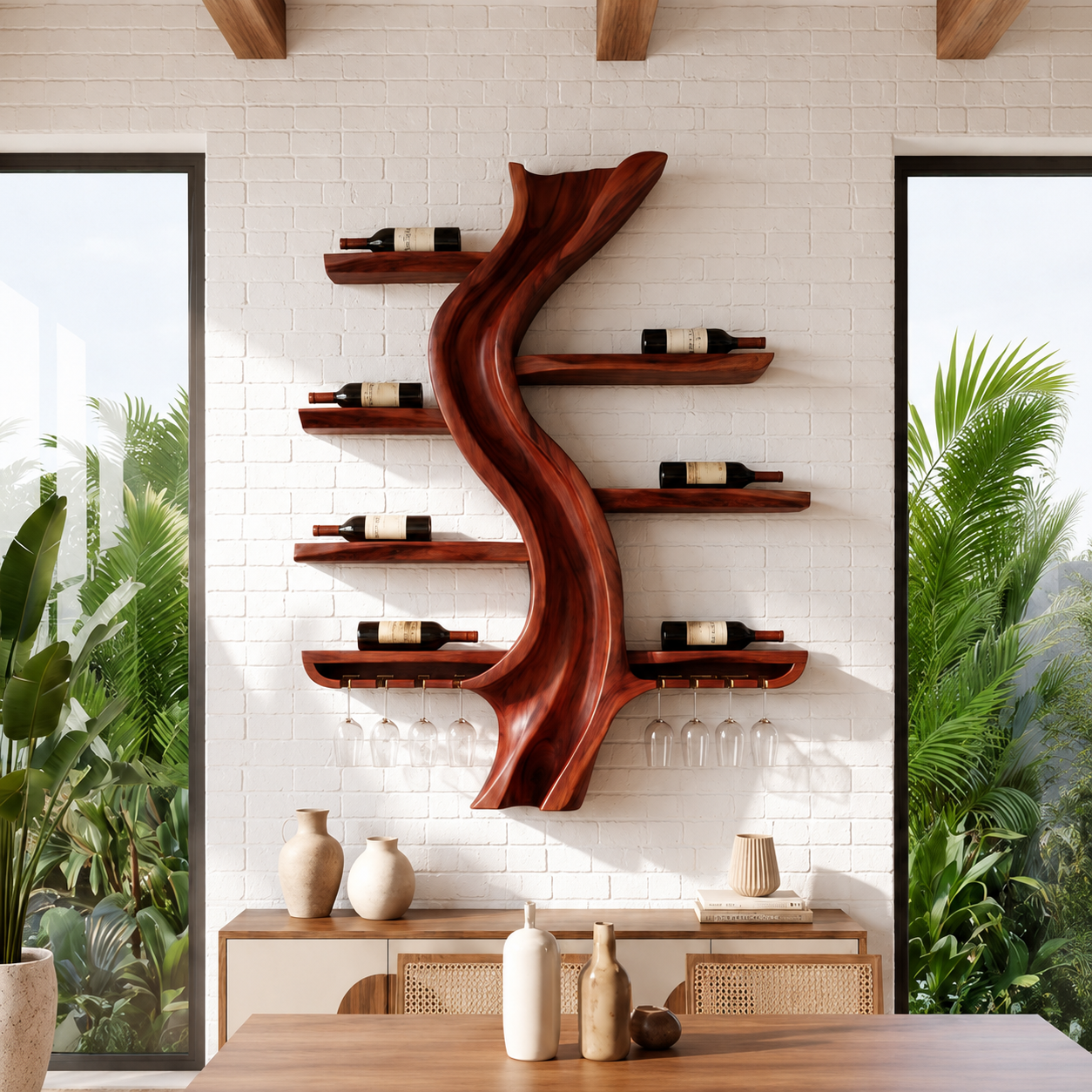 Solid Wood Tree Wine Rack With Stemware
