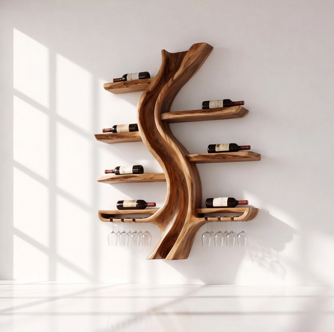 Solid Wood Tree Wine Rack With Stemware