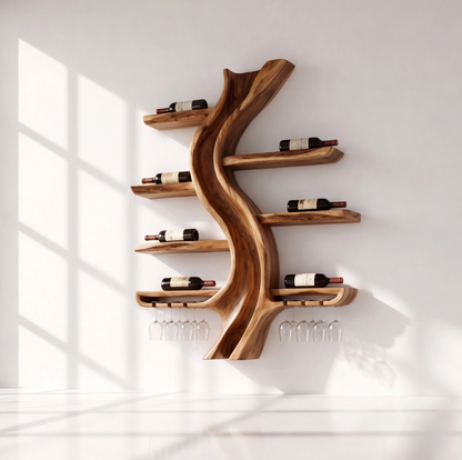 Solid Wood Tree Wine Rack With Stemware