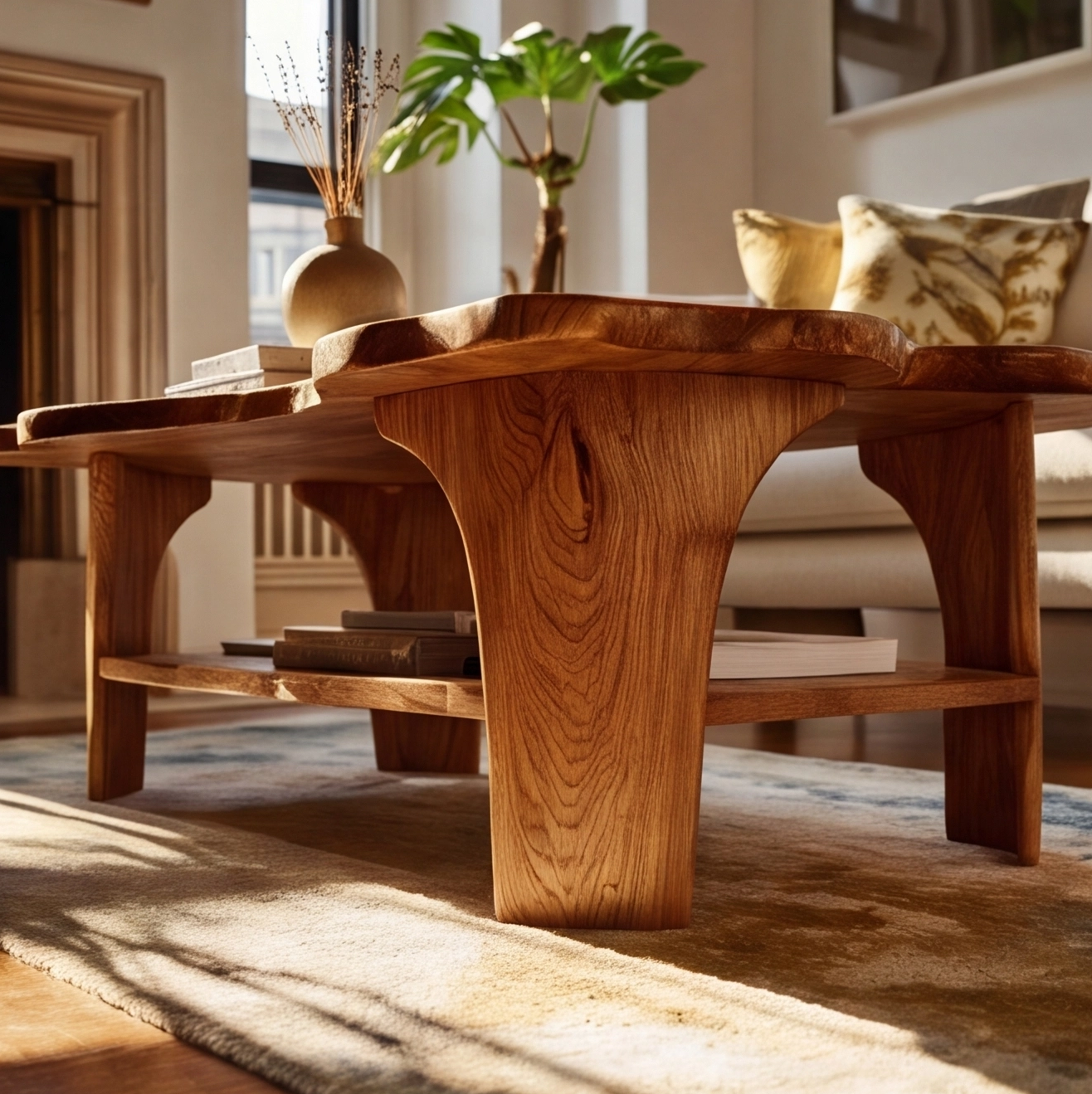 Live Edge Solid Wood Coffee Table With Shelf