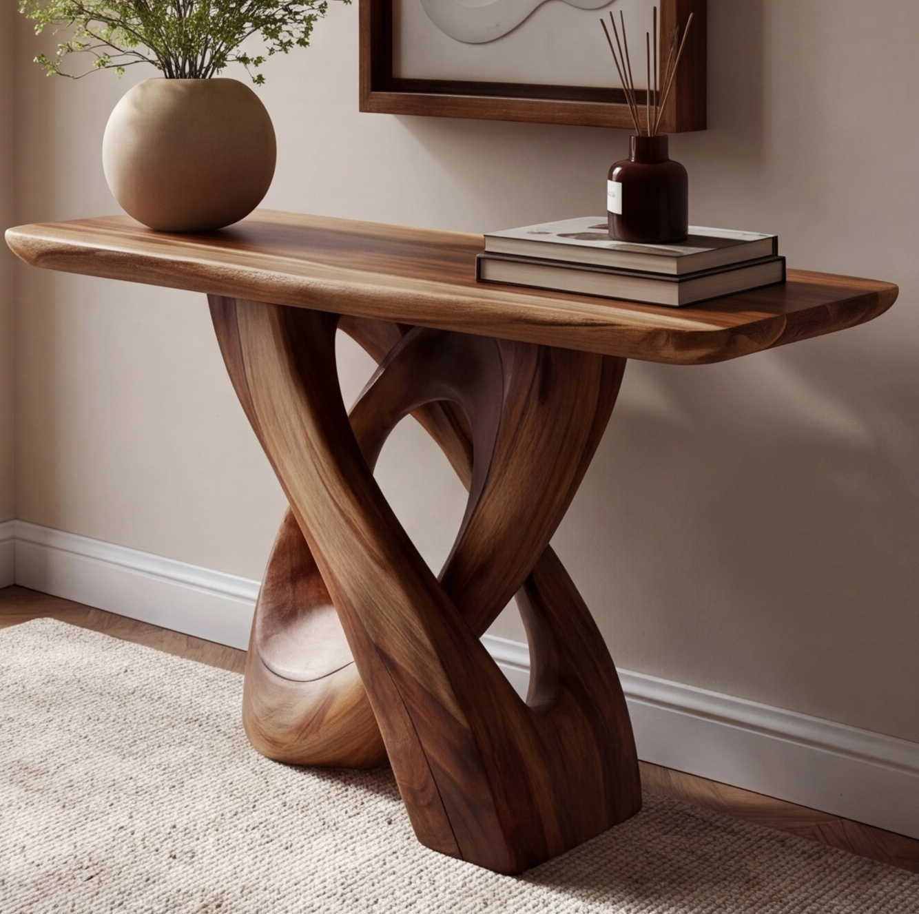 Organic Minimalist Sculptural Wood Console Table
