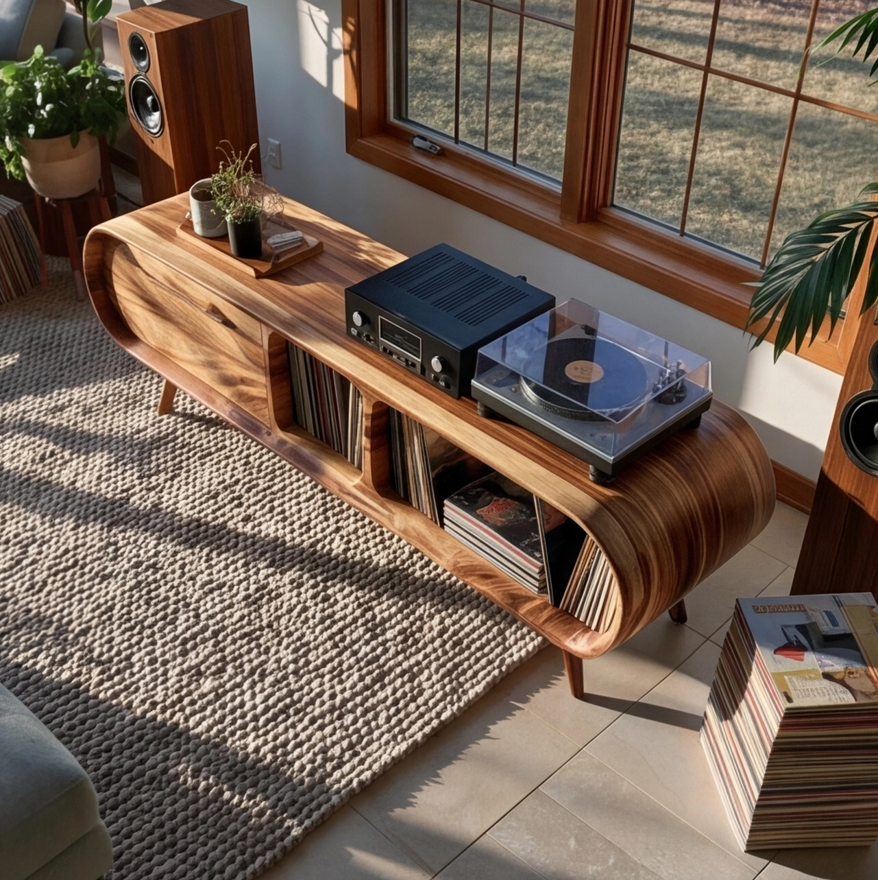 Mid-Century Solid Wood Record Player Stand