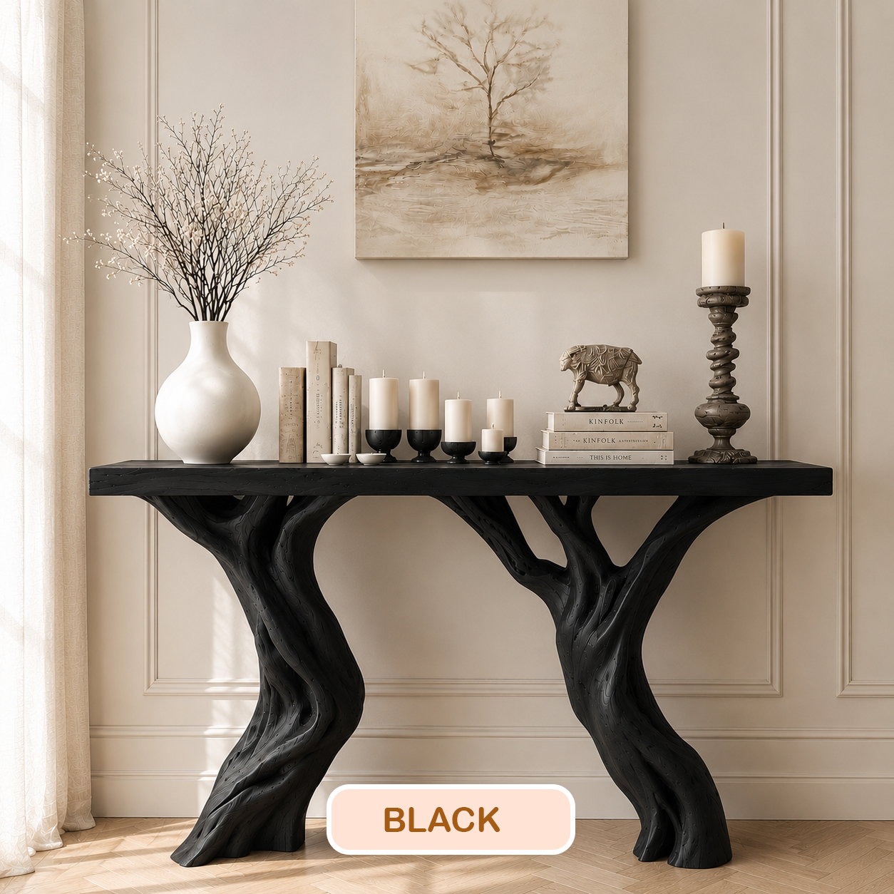Rustic Solid Wood Tree Base Console Table