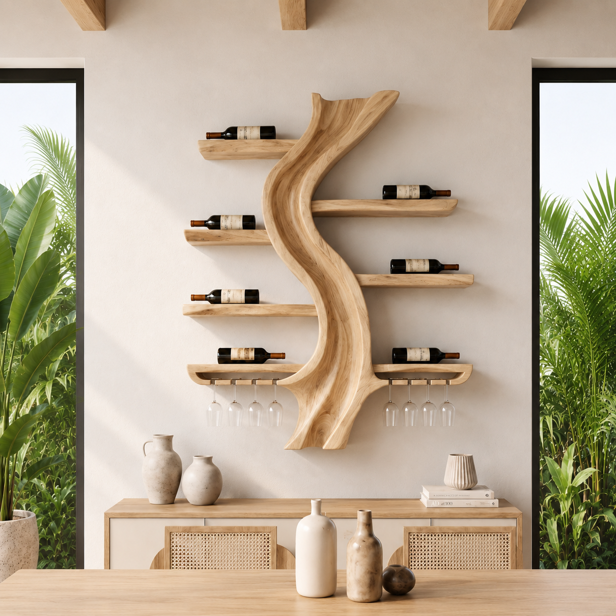 Solid Wood Tree Wine Rack With Stemware