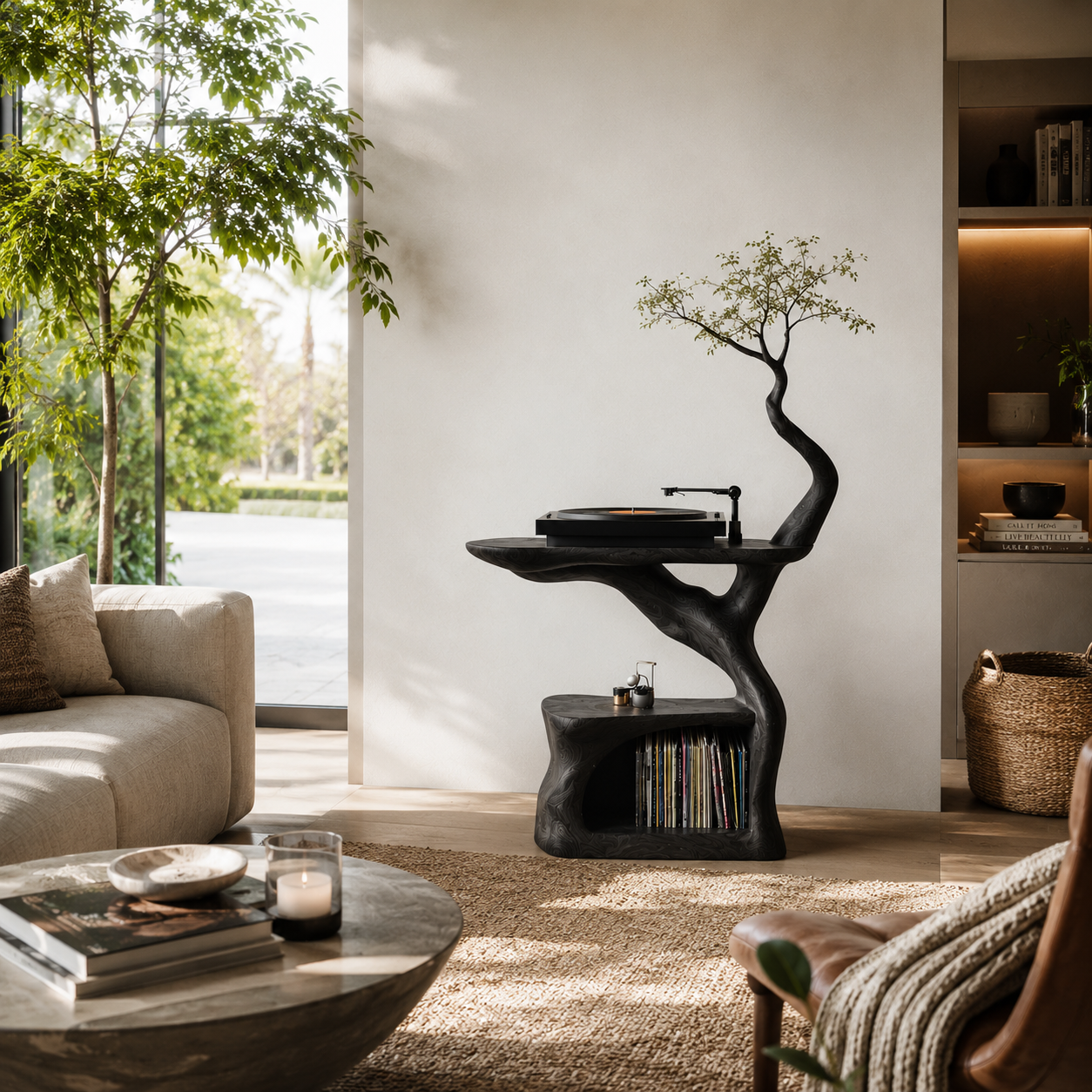 Modern Sculptural Wood Record Player Stand