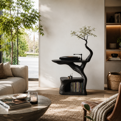 Modern Sculptural Wood Record Player Stand