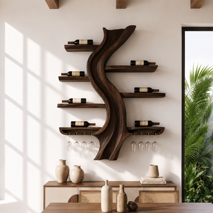 Solid Wood Tree Wine Rack With Stemware
