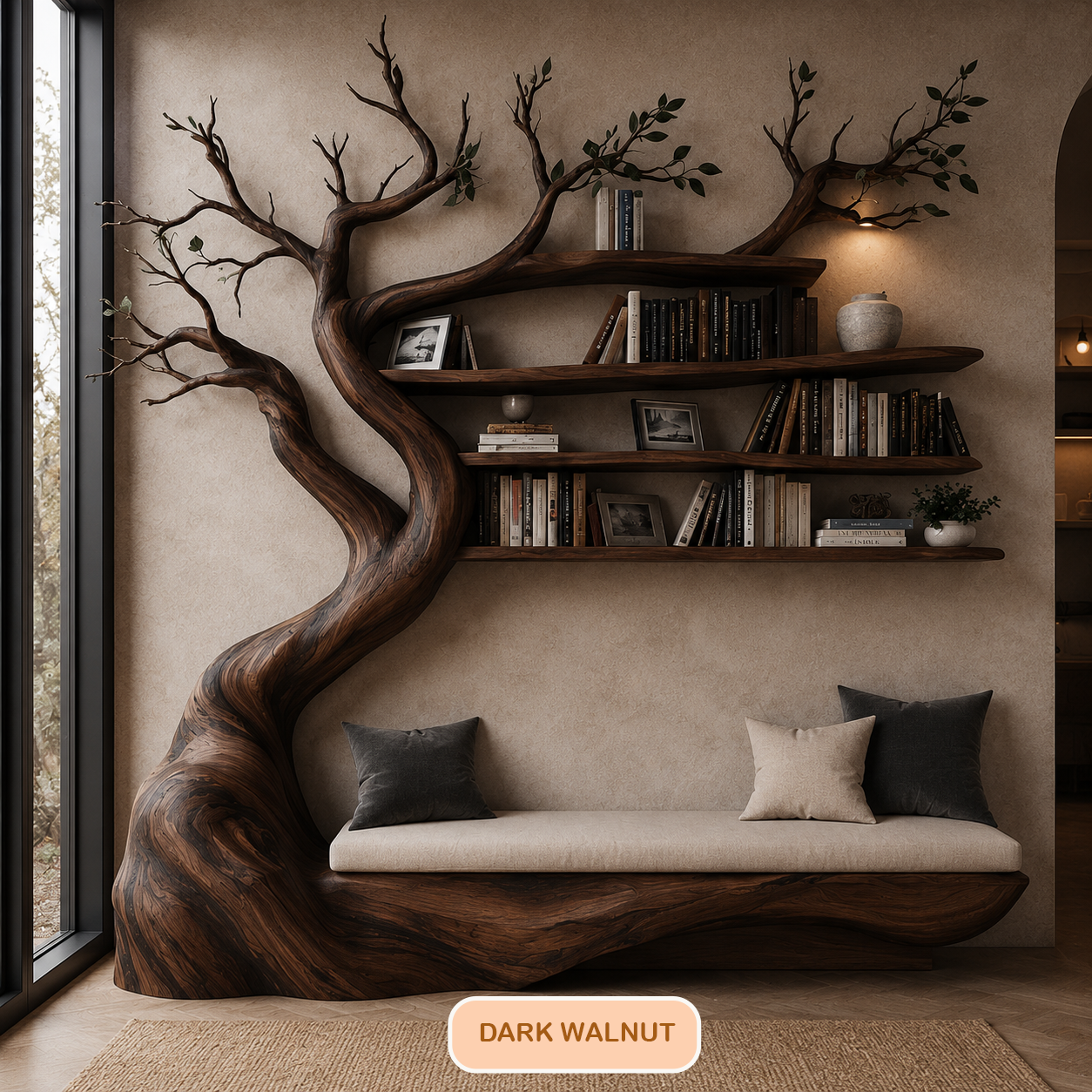Solid Wood Tree Bookshelf With Bench