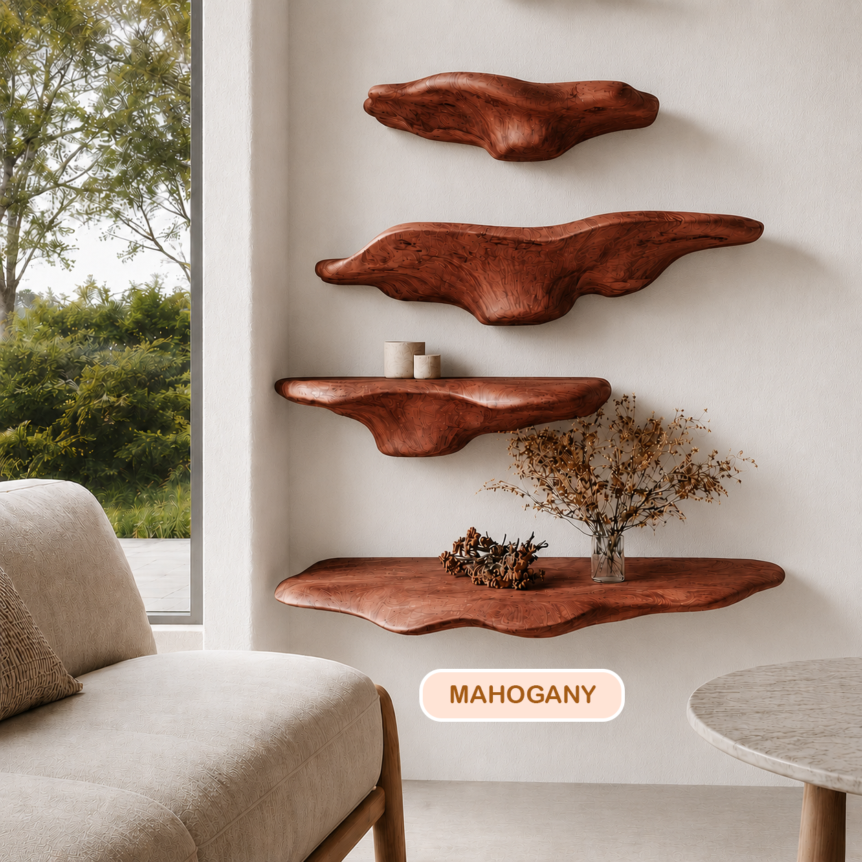 Minimalist Sculptural Wood Mushroom Floating Shelf