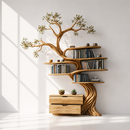 Solid Wood Tree Bookshelf With Drawers