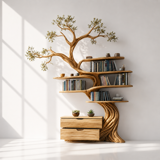 Solid Wood Tree Bookshelf With Drawers