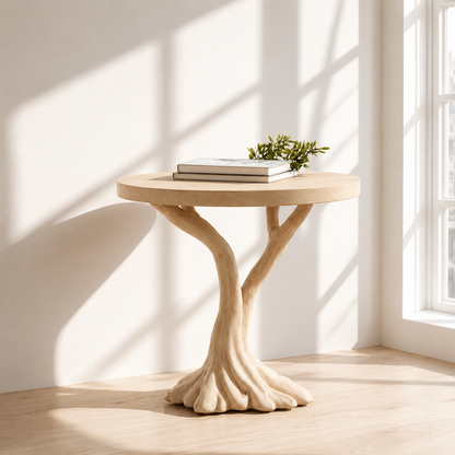 Round Top Solid Wood Tree Base Side Table