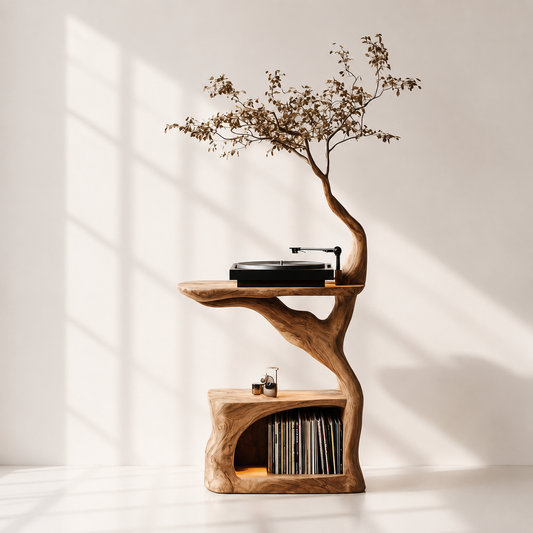 Modern Sculptural Wood Record Player Stand