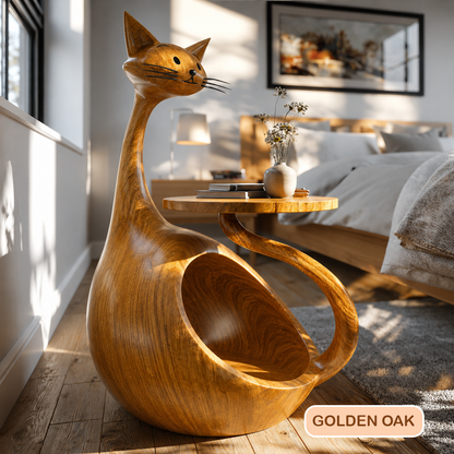 Handcrafted Cat Shaped Wooden Side Table