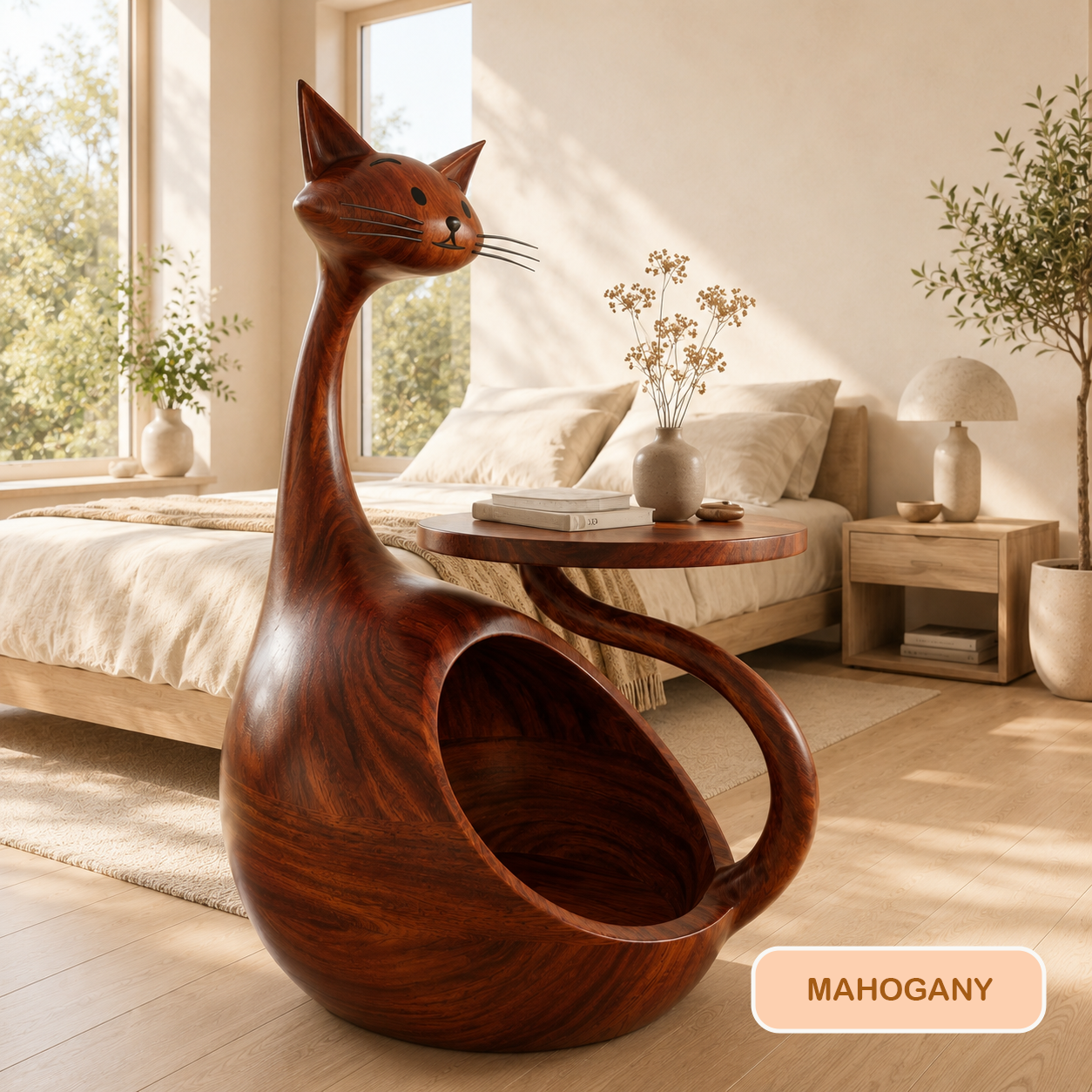Handcrafted Cat Shaped Wooden Side Table