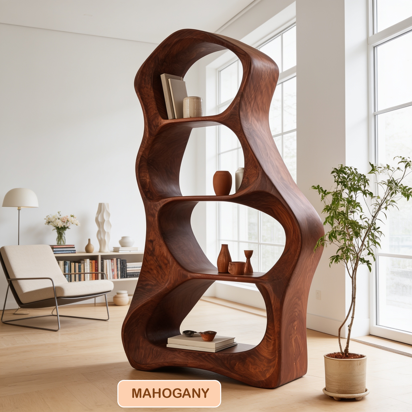 Organic Sculptural Wooden Open Bookshelf