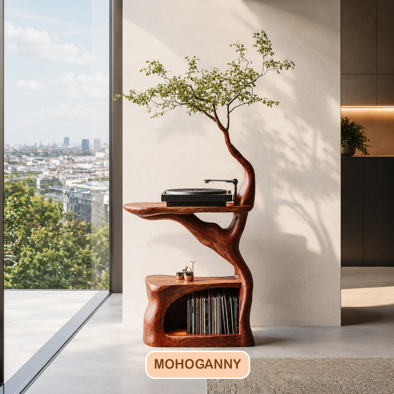 Modern Sculptural Wood Record Player Stand
