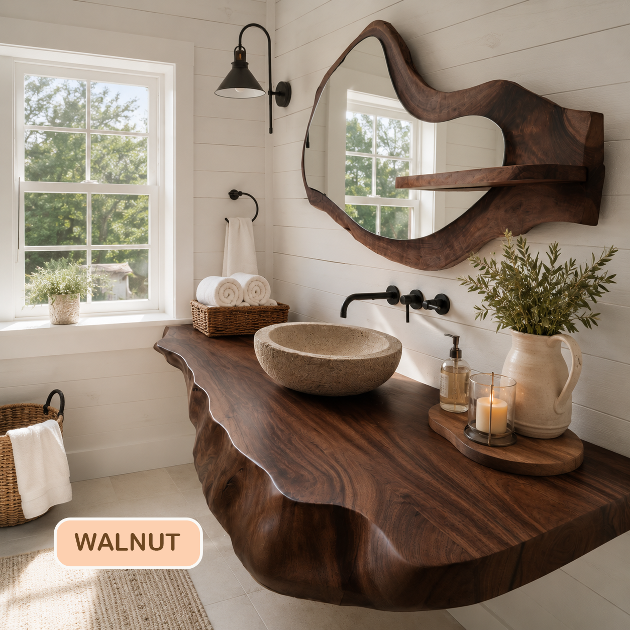 Live Edge Solid Wood Bathroom Vanity Shelf