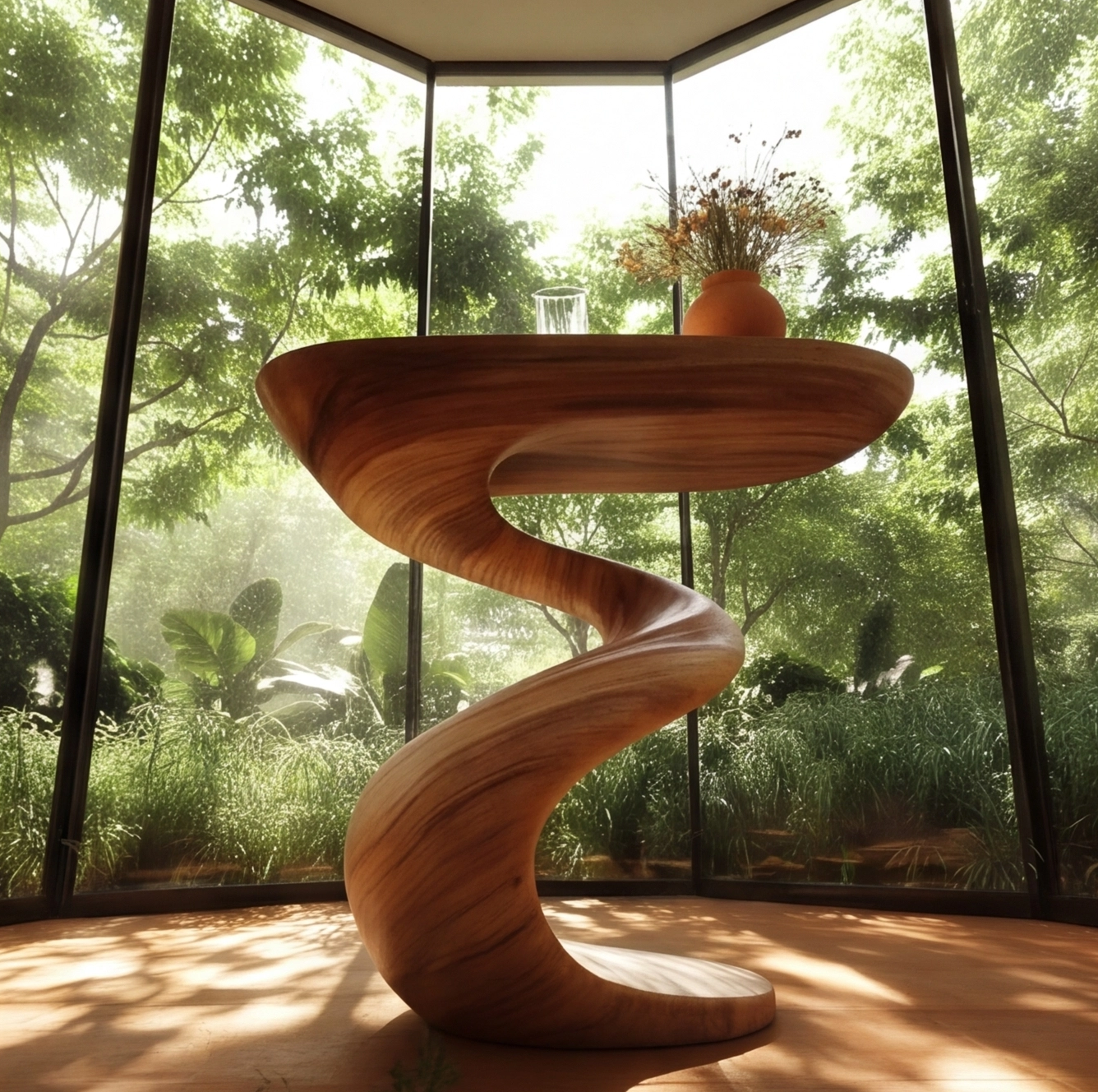 Oval Sculptural Pedestal Wood Console Table