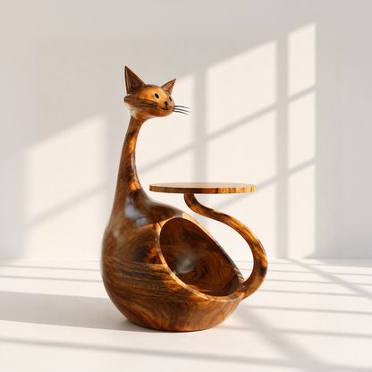 Handcrafted Cat Shaped Wooden Side Table