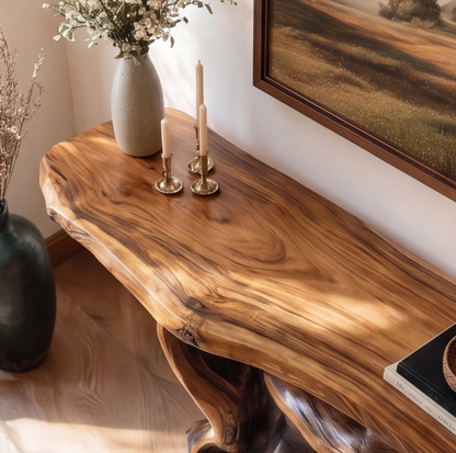 Earthy Modern Sculptural Wood Console Table