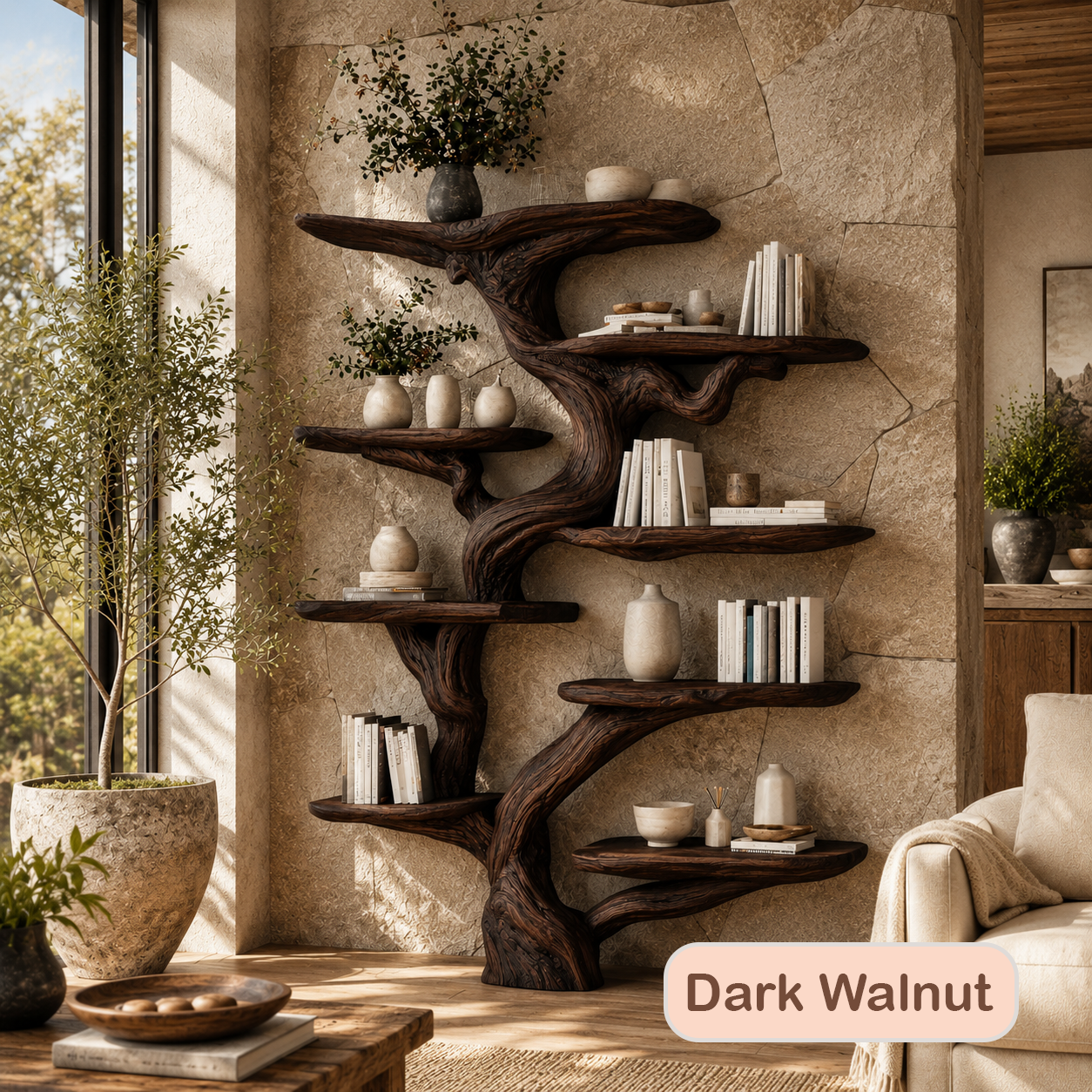 Rustic Wood Tree Shaped Wall Bookshelf