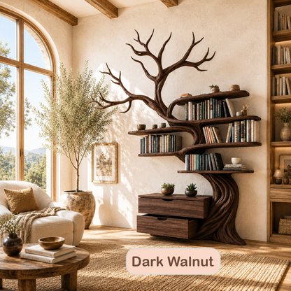 Solid Wood Tree Bookshelf With Drawers