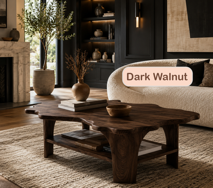 Live Edge Solid Wood Coffee Table With Shelf