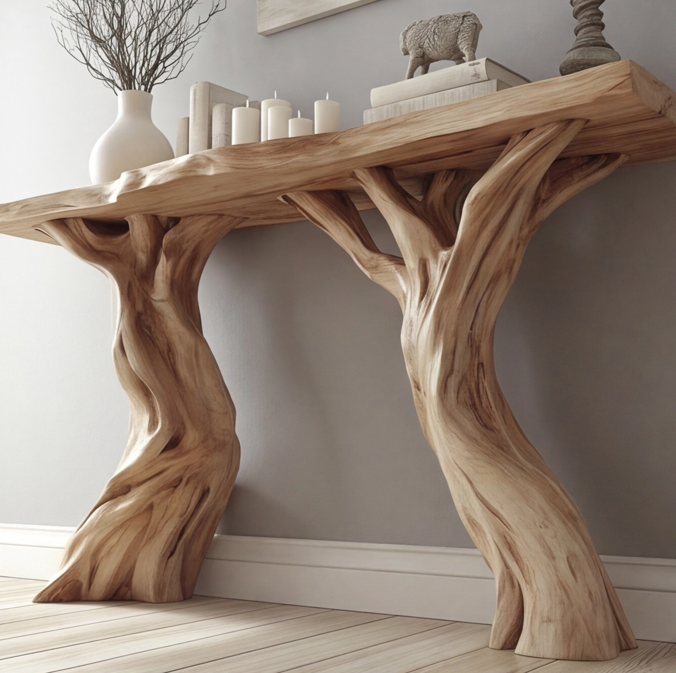 Rustic Solid Wood Tree Base Console Table