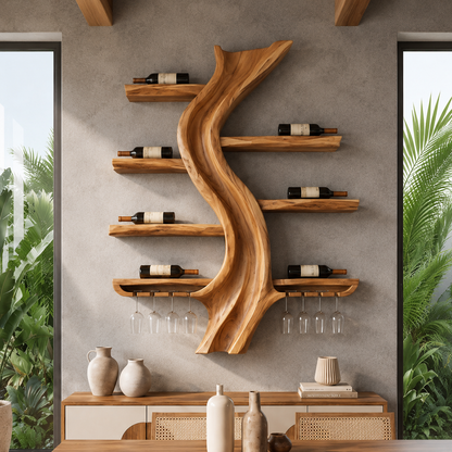 Solid Wood Tree Wine Rack With Stemware