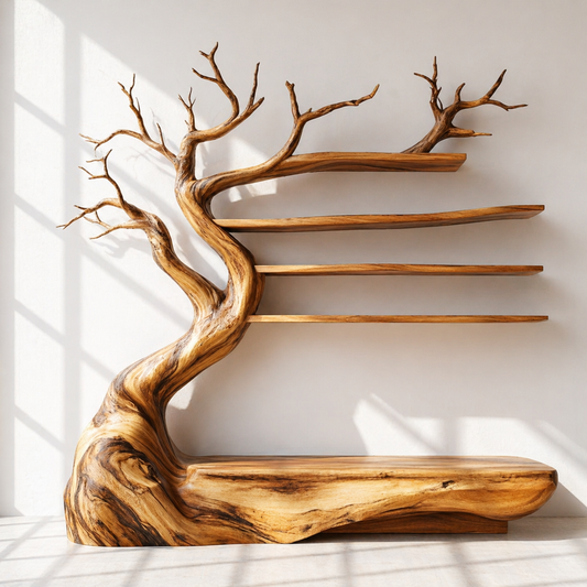 Solid Wood Tree Bookshelf With Bench