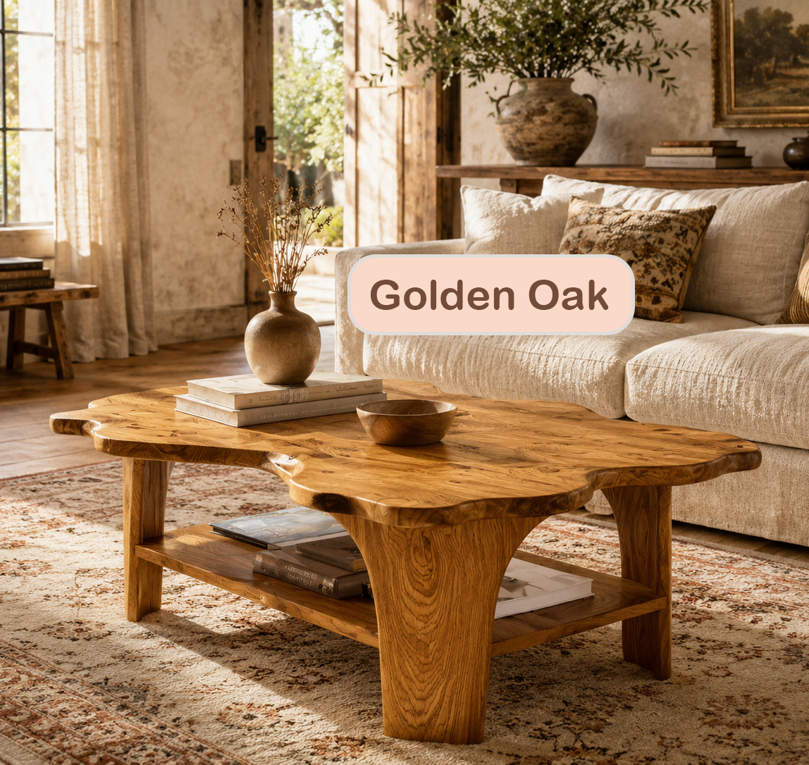 Live Edge Solid Wood Coffee Table With Shelf