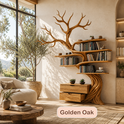 Solid Wood Tree Bookshelf With Drawers