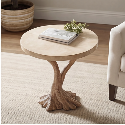 Round Top Solid Wood Tree Base Side Table